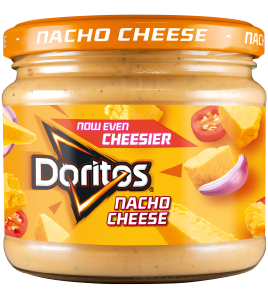 Jar of Doritos Nacho Cheese flavor with packaging design.