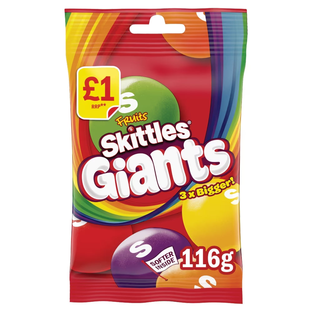 Skittles Giants Vegan Chewy Sweets Fruit Flavoured Treat Bag 116g (UK) 巨型彩虹糖