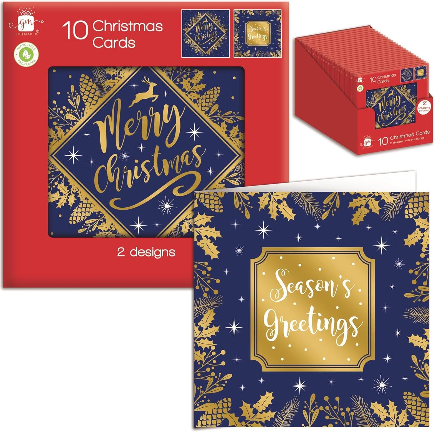 Gift Maker Seasons Greetings & Merry Christmas Cards + Envelopes (10pcs) 高貴深藍金色聖誕卡套裝(10套裝)