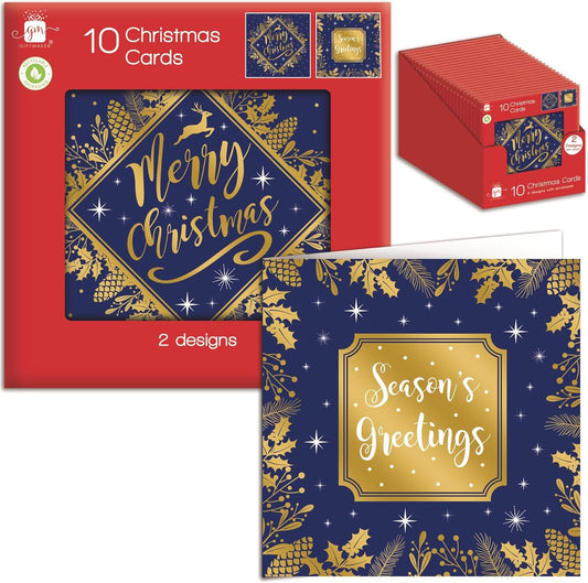 Gift Maker Seasons Greetings & Merry Christmas Cards + Envelopes (10pcs) 高貴深藍金色聖誕卡套裝(10套裝)